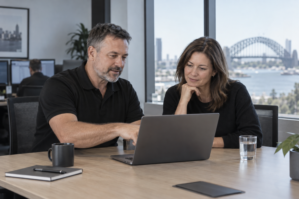 Illustrative IT consultant and business client reviewing a laptop