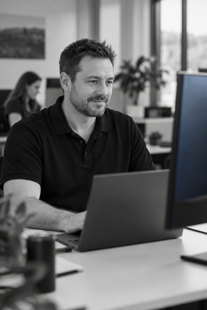 Illustrative IT support engineer working at a modern service desk